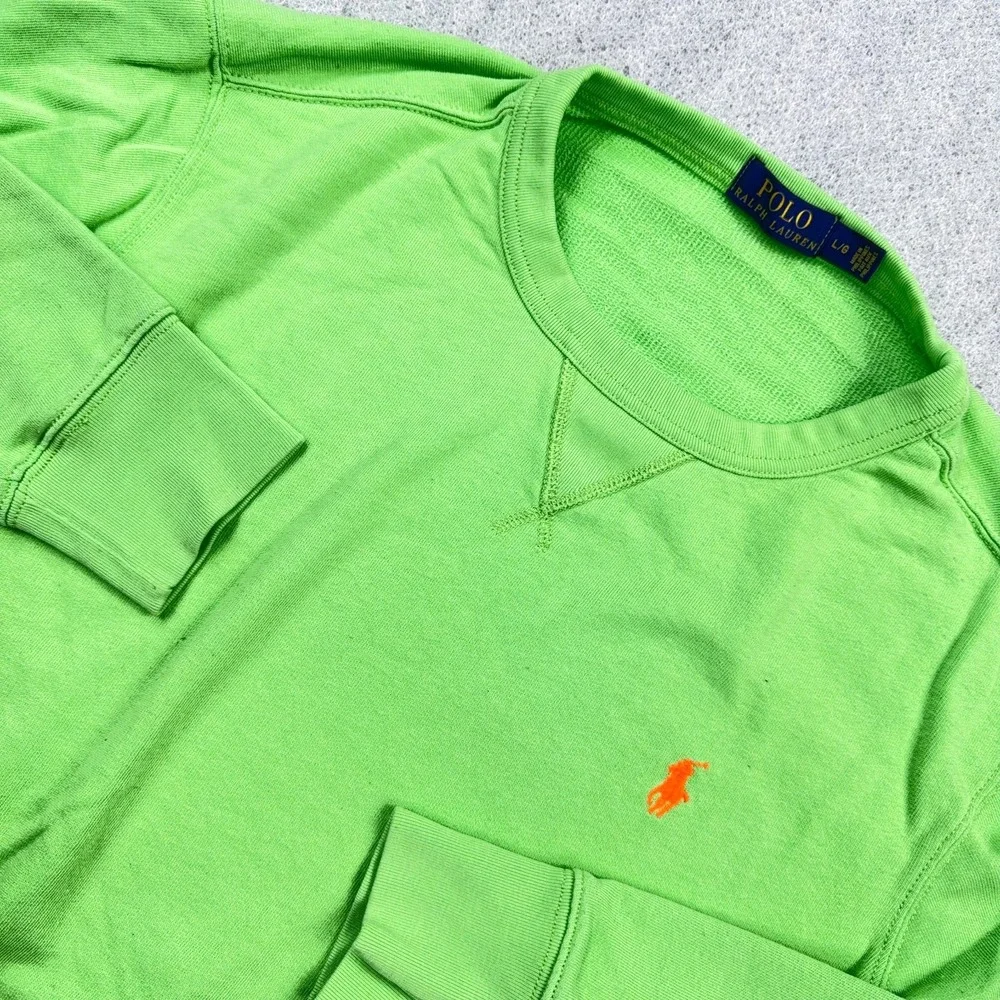 Polo Ralph Lauren Sweatshirt Men Large Lime Green Crewneck Sweater Orange Pony
